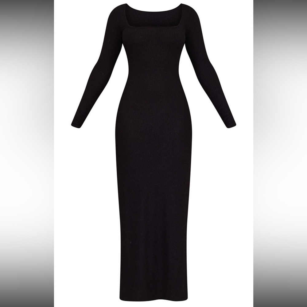 PrettyLittleThing Black Brushed Ribbed Double Split Hem Maxi Dress